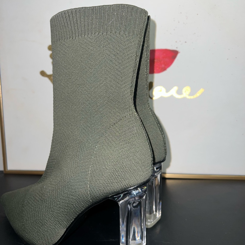 Olive Green Knit Ankle Boots with Clear Heels